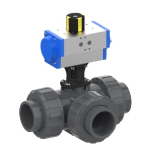 Valvola a sfera a 3 vie M1 sfera a T con attuatore pneumatico, manicotto da incollare metrico (PVC-U)