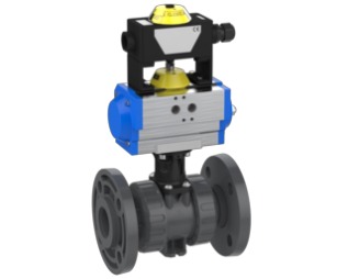 2-Wege modularer Industriekugelhahn M1 pneumatisch mit Stellungsrückmelder, silikonfrei – DIN-Losflansch (PVC-U)