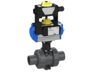 2-Wege modularer Industriekugelhahn M1 pneumatisch mit Stellungsrückmeldung und Magnetventil, silikonfrei – PVCu Klebestutzen metrisch (PVC-U)