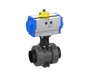 2-vejs kuglehane M1 med pneumatisk aktuator, silikonefri, PE-svejsemuffe metrisk (PVC-U)