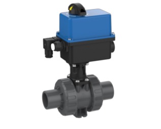 2-Wege modularer Industriekugelhahn M1 elektrisch mit Positioner, silikonfrei – PVCu Klebestutzen metrisch (PVC-U)