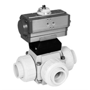 Kugelhahn 3W S4 metrisch, PVDF-Schweißmuffe, T-Kugel, Pneumatikantrieb (PO-NC/PO-NO/PO-DA)
